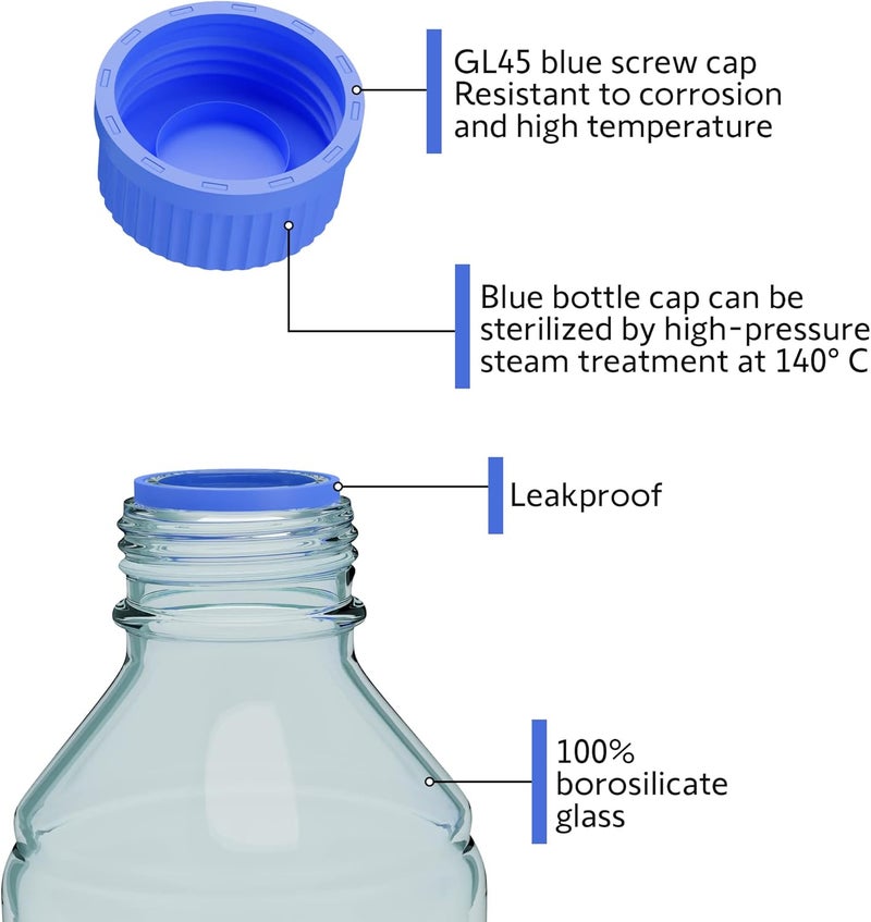 MorexLab Borosilicate Glass Bottles - 2pcs Round Media Storage Bottle - 250ml with GL45 Blue Screw Cap - Image 2